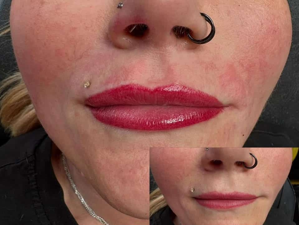 Lip blush before and immediately after, showing enhanced colour and definition